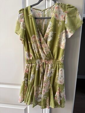 miami Olive Floral Wrap Romper with Pink Accents